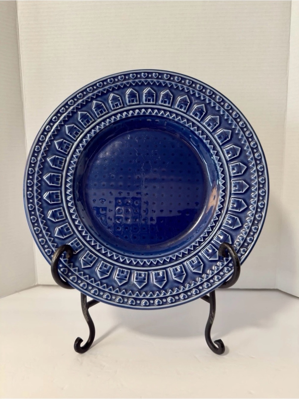 Deep Blue Embossed Ceramic Serving Platter- Textured Geometric Pattern - Picture 1 of 4